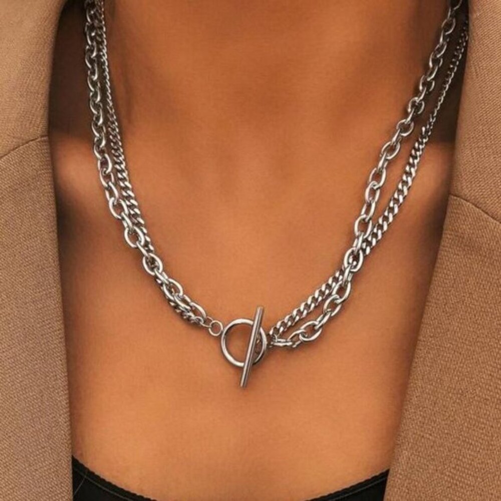 Sterling Silver 925 Double Chain Toggle Necklace